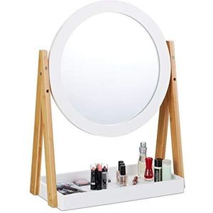 relaxdays, Cosmetische wit, draaibaar, met opslag voor make-up, tafelspiegel, diameter 32,5 cm, bamboe, naturel, MDF, glas, 57 x 43 x 22 cm