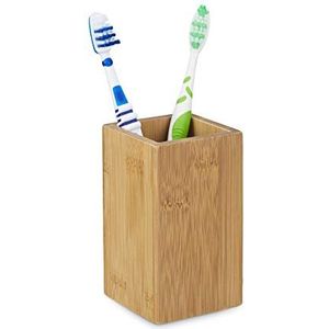 Relaxdays tandenborstelhouder bamboe - tandenborstelbeker hout - badkamer beker vierkant