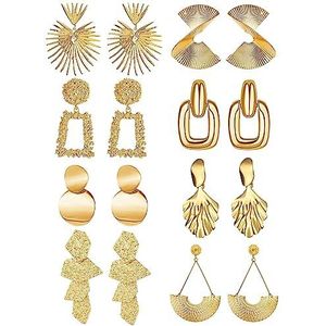 Diamday 8 paar 14 karaat gouden oorbellen voor dames, overdreven geometrische hangende oorbellen, elegante ginkgo-bladeren en hartjes, sieradengeschenken, Metaal