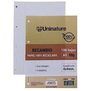 Unipapel PaperClass90 g, gerecycled papier, A5, 100 vellen, geruit, 4 x 4, rand, supersterk papier