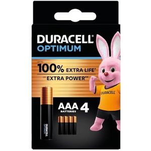 Duracell Optimum AAA-batterijen (4 stuks) – alkalinebatterijen 1,5 V – tot 100% langer of krachtiger – voorzie je energie-intensieve apparaten – recyclebaar, 0% kunststof – LR03 MX2400