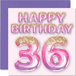 Stuff4 36e verjaardagskaart voor dames, roze en paarse glitterballonnen, Happy Cards 36 jaar, oude vrouw, vriend, zus, Mum Auntie, 145 mm x Thirty-Six Bday Greeting Gift, GCARD-145-glitterage-36-FBA