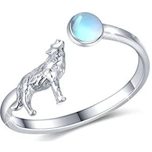 Wolfs ringen van 925 sterling zilver met verstelbare maansteen in dierenvorm - kerstcadeau voor dames, Sterling zilver, Maansteen