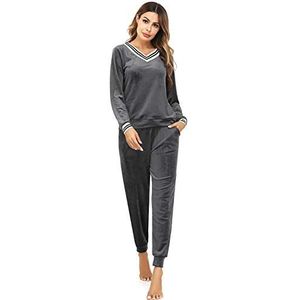 Irevial Pyjamaset voor dames, velours, trainingspak, V-hals, gestreept, trui, casual, joggingpak, pyjama, binnenshuis, lange mouwen, grijs.