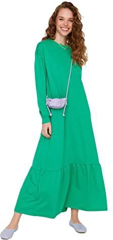 TRENDYOL Trendyol Maxi-jurk voor dames, smock met ronde hals, jurk voor dames (1 stuk), Groen