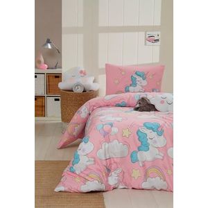 Nuit Des Rêves Parure de lit simple (135 x 200 cm), 70% coton, 30% polyester, rose, blanc, bleu | Lavable en machine, 120 fils, fermeture à bouton et enveloppe | Parure de lit confortable et