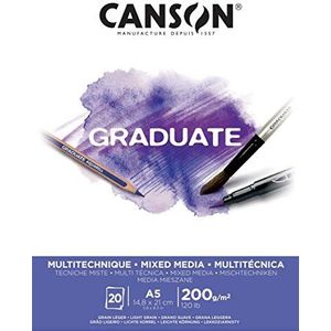 Canson Graduate 20 vellen gemengd papier, middelgroot, licht, 200 g, aan de korte zijde gelijmd, A5-14,8 x 21 cm, glanzend wit