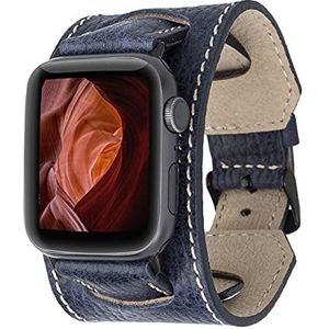 Burkley - Echt lederen reservearmband voor Apple Watch in 42 mm, 44 mm, 45 mm - Compatibel met alle series - Handgemaakt - Elegant design - Blauw