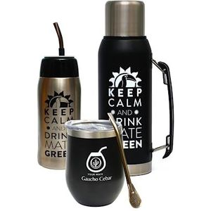 Gaucho Cebar Yerba Matte-accessoireset met 1 liter thermoskan, zwart en yerbomos 680 ml, roestvrij staal, 350 ml, 19 cm Bombilla roestvrijstalen rietje