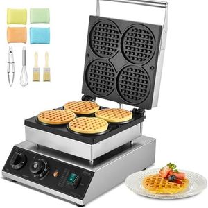 VEVOR Commerciële ronde Belgische wafelmachine, 4 stuks voor wafels, 1750 W roestvrijstalen wafelplaat met tijdtemperatuurregeling, voor restaurants en bakkerijen