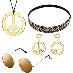 Hippie accessoireset, 5-delig, hippie kostuum accessoires voor dames, inclusief hippie zonnebril, vredesteken en oorbellen, hippie hoofdband, geschikt voor een, Kunststof, GEEN