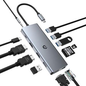 OBERSTER Station d'accueil USB C 12 en 1 avec 2 ports HDMI, VGA, 100 W PD, 2 USB 3.0, 2 USB 2.0, Ethernet, lecteur de carte SD/TF, micro/audio pour ordinateur portable