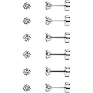 Diamday 6 paar oorstekers van 316L chirurgisch staal voor kraakbeen en tragus, 2-5 mm, hypoallergeen, 20 g, Kubieke zirkonia