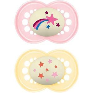 MAM Originele Night S176 fopspeen met latex fopspeen voor baby's, 16 maanden licht op in het donker, roze (2 stuks) met zelfsteriliserende doos
