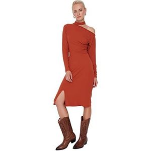 Trendyol Woman Midi Standard Stehkragen im Choker-Stil Webstoff Kleid Robe, Fliese Rot, S Femme, Fliese Rot, S