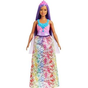 Barbie Dreamtopia Koninklijke pop, rond, paars haar met glinsterend lijfje, veelkleurige bloemenrok en haaraccessoires, speelgoed voor kinderen, vanaf 3 jaar, HGR17
