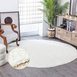 Surya Essentials Modern hoogpolig tapijt voor woonkamer, eetkamer, slaapkamer, abstract tapijt, pluizig, onderhoudsvriendelijk, groot rond tapijt, 120 x 120 cm, wit