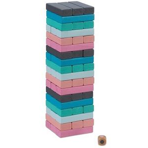 Relaxdays Flikkerende toren, houten toren kleurrijk spel, 54 houten blokken met dobbelstenen, behendigheidsspel, HBT 26,5 x 7,5 cm, meerkleurig
