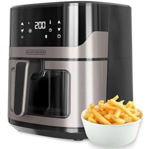 Luchtfriteuse met transparant venster, voor olievrij koken, timer, gezond en snel koken, 28 x 26 x 35,1 cm, kunststof, 1600 W, 6,5 l, zwart