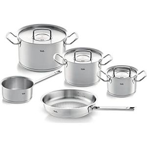 Fissler Original-Profi Collection 5-delige pannenset van roestvrij staal met metalen deksels (3 potten, 1 pan zonder coating, 1 pan zonder deksel) geschikt voor inductie