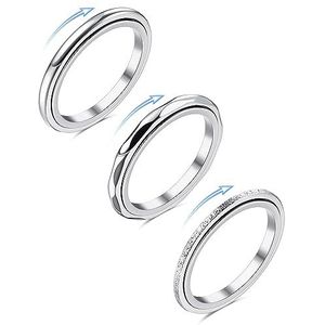 Adramata Set van 3 anti-stress ringen voor dames van roestvrij staal met enkele band zilver