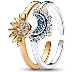 Fonkelende zon maan ring, gelaagd met zon en hemelse maan, hemelse ringen zon en maan goud/zilver open ring met diamanten voor vrouwen meisjes, Rhinestone