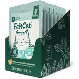 Green Petfood FairCat Sensitive (8 x 85 g), graanvrij kattenvoer met vlooienschalen en venkel, kattenvoer voor volwassen en moeilijke katten, aangename geur