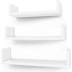 SONGMICS LWS40WT Set van 3 Wandplanken, opbergplanken, modern, zwevend, MDF, hoogglans afwerking, verborgen bevestiging, wit