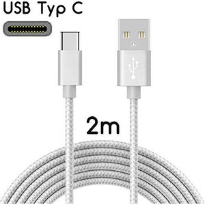 TheSmartGuard USB-C naar USB 2.0-kabel | Nylon oplaadkabel met USB Type-C aansluiting | Lengte: 2m / 2m | Kleur: zilver