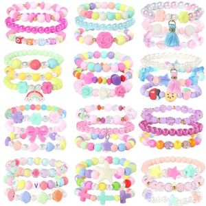 PinkSheep Parelarmbanden voor kinderen, plastic armbanden voor kleine meisjes, roze armband met bloem, vlinder, feestcadeau, Acryl