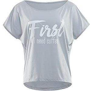Winshape Dames Ultralicht Modal Korte Mouw Shirt MCT002 First I Need Coffee T-Shirt Glitter Print Grijs Cool Wit, M, Grijs/Wit