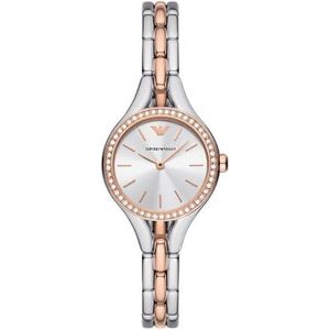 Emporio Armani Dameshorloge met twee wijzers, roestvrij staal, 28 mm, kast van leer of staal, zilver/roségoud, Armband