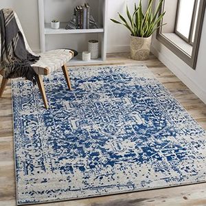 Surya Syracusa Vintage tapijt voor woonkamer, eetkamer, slaapkamer, keuken - Boheems chic, traditioneel oosters design, meerkleurig, kort laagpolig tapijt, 120 x 170 cm - blauw, beige, grijs
