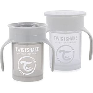 Twistshake 2 x 360 spatbescherming babybeker met siliconen afdichting, 230 ml, trainingsbeker voor kinderen, waterdichte waterfles, BPA-vrij, grijs/wit