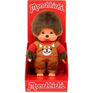 Sekiguchi 203864 - Originele Monchhichi jongen met tuinbroek en Shiba Inu motief, ca. 20 cm bruin pluche knuffeldier
