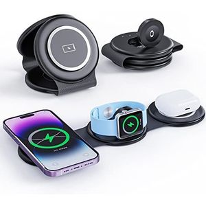 Geekman Multi-Device Charging Hub voor Apple-apparaten, 3-in-1 opvouwbare oplaadstandaard met Magsafe compatibiliteit, perfect voor Apple Watch, AirPods, iPhone 14/13/12 Pro MAX - slank zwart design