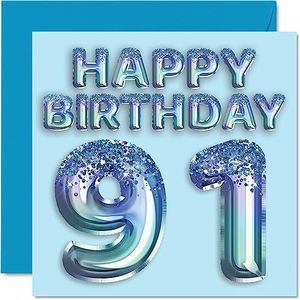 Verjaardagskaart 91 jaar heren - feestballon blauw glitter - verjaardagskaarten voor mannen van 91 jaar, overgrootvader, opa, opa, opa, opa, opa, opa, opa, opa,