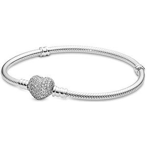 Pandora Moments 590727CZ Armband met slangenschakels, hartsluiting, sterling zilver, met zirkoniasteentjes, geschikt voor Pandora Moments armbanden, 21cm