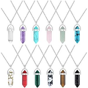 JeweBella 12 stuks zeshoekige kristallen hangers met ketting, edelsteen-halskettingen, natuurlijke kristal, kwarts, amethist, roze kwarts, 12 kleuren