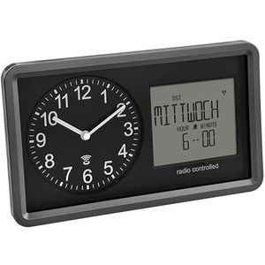 TFA Dostmann 60.3552.01 radiogestuurde analoge klok met kalender, ouderenhorloge, alarm en sluimerfunctie, digitale weergave van de dag van de week en datum, klok
