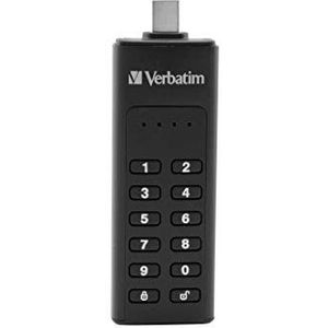 Verbatim Keypad Secure USB Type-C geheugenstick 128 GB met wachtcodebescherming en encryptie, met USB-C-verlengkabel, USB Type-C voor laptop, notebook en andere, zwart