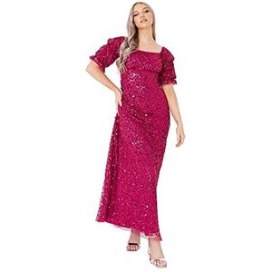 Maya Deluxe Dames Maxi Sequin Verfraaide Jurk voor Vrouwen Bruiloft Guest Puffed Korte Mouwen Lange Vierkante Halslijn Hoge Taille Paarse Jurk, Raspberry, 38 Dames, Rood