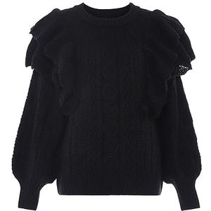 Aleva Pull en tricot à col rond pour femme avec manches ballon et bordure à volants Noir Taille XL/XXL, Noir, XL