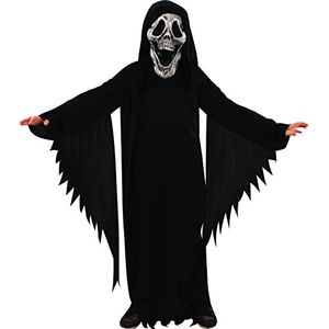 RUBIES - Officieel HALLOWEEN kinderkostuum – lange zwarte tuniek en wit masker van pvc – Scrimmy – kindermaat 5-6 jaar – Halloween-kostuum, carnaval