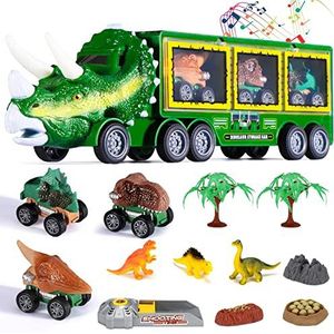 Oderra Dinosaurus Vrachtwagen – speelgoed dinosaurus, auto kinderen met 3 mini-auto's, speelgoed voor dinosaurussen, meisjes en kinderen, speelgoed jongens 3 jaar, dinosaurus met knoopcelbatterij (groen)