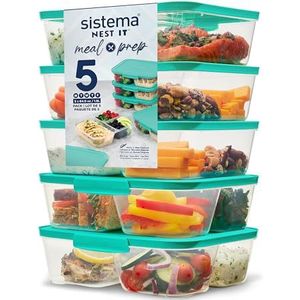 Sistema NEST IT Bereide platte containers, 1,9 liter, luchtdichte voedselopslagcontainers met vakken en deksel, BPA-vrij, groen, 5 stuks