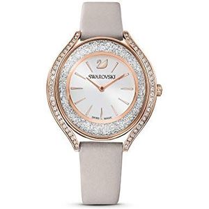 Swarovski Crystalline Aura horloge, Swiss Made, Lederen band, Grijs, Roségoudkleurige afwerking