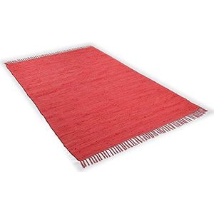 Dhurry Fleckerl, plat geweven tapijt, 100% handgeweven katoen, wasbaar, omkeerbaar, 160 x 230 cm, rood, Happy Cotton