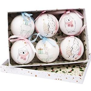 6 stuks kerstballen Merry Christmas boom, rendier en uil (diameter 7,5 cm) met stoffen lint voor kerstboom in geschenkdoos