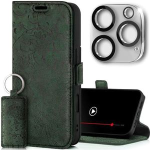 SURAZO Apple iPhone 16 Pro hoes, dunne magnetische beschermhoes, echt leer, opvouwbare hoes met kaartenvak, RFID-bescherming, camerabescherming, patroon, flip case